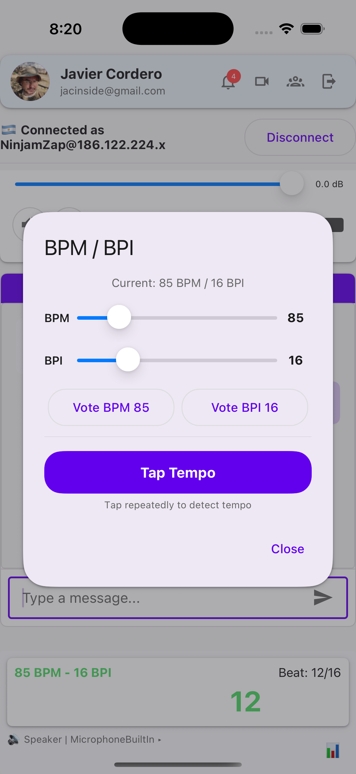 NinjamZap BPM/BPI modal with sliders, Vote buttons, and Tap Tempo