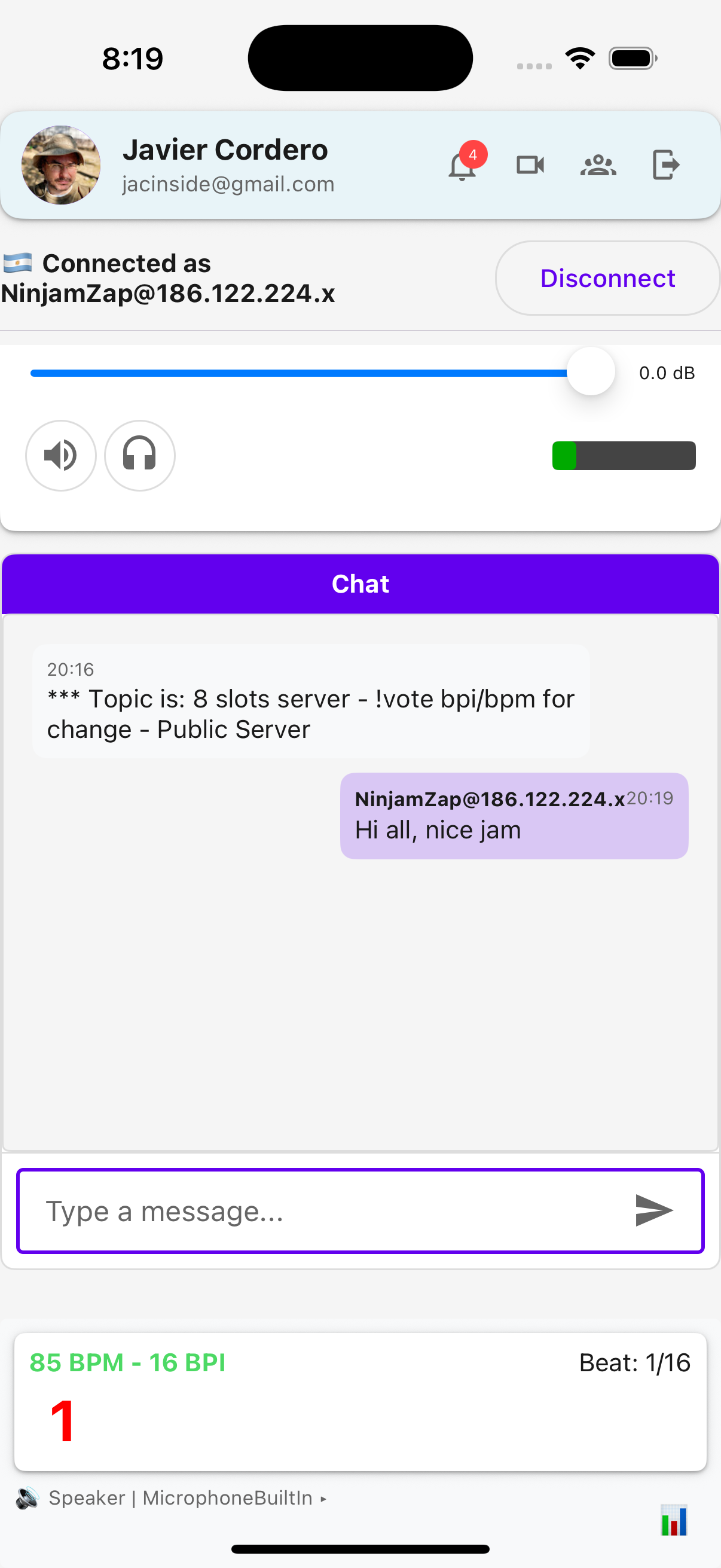NinjamZap chat panel showing messages between musicians