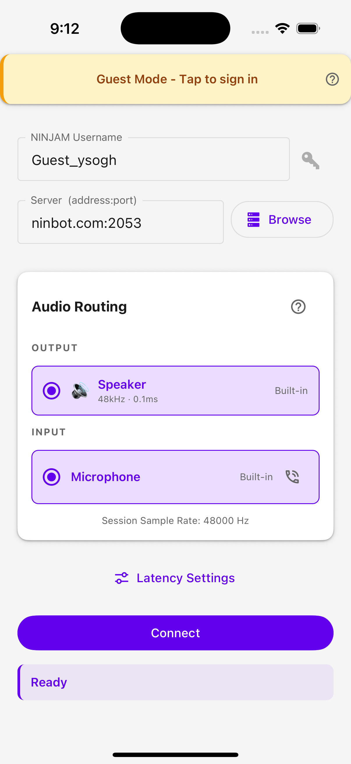 NinjamZap connection screen with server field, audio routing, and latency settings
