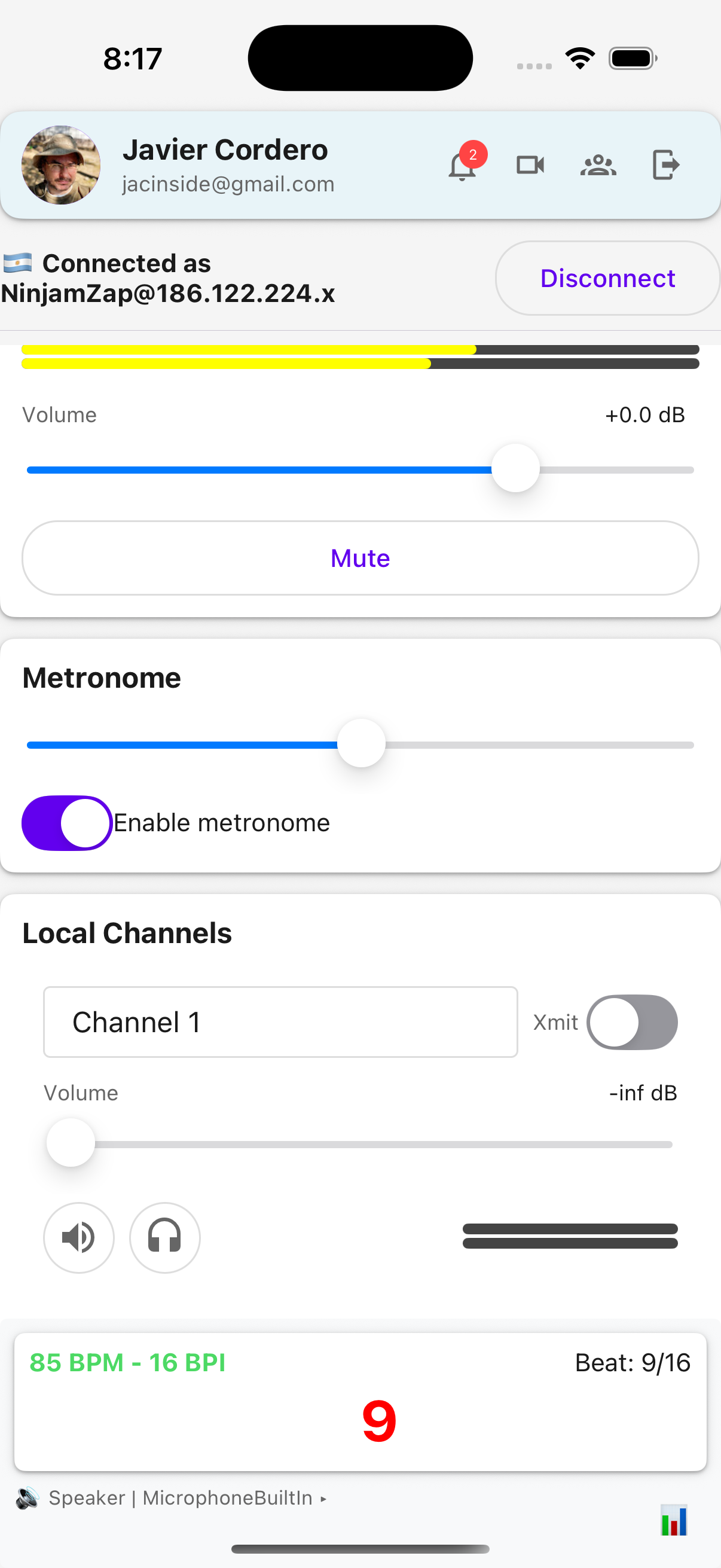 NinjamZap session screen showing Master volume, Metronome toggle, and Local Channels